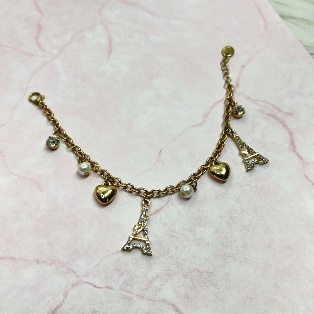 Y2K 2 Pc Claires Gold Tone Paris Eiffel Tower Charm Bracelet And Necklace Pearl